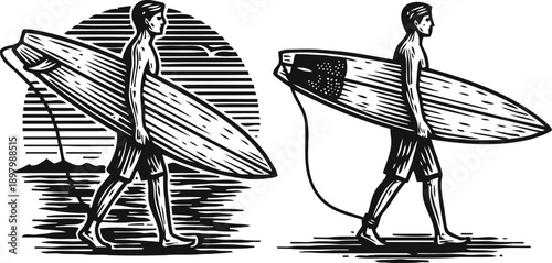 surfer walking with surfboard on the beach, vintage black and white engraved illustrations
