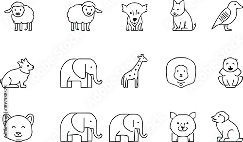 Cute animal line icons set, sheep dog cat elephant giraffe bird vector outline illustration, minimal cartoon wildlife design