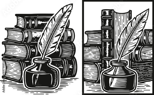 Vintage ink bottle with quill pen and stacked books classic writing tools and antique literature concept