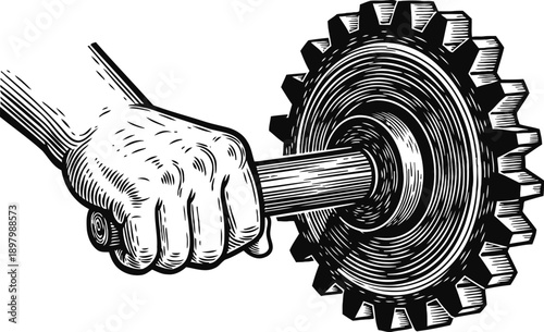 Vintage hand turning gear wheel illustration mechanical engineering concept industrial machinery, technology, manual operation