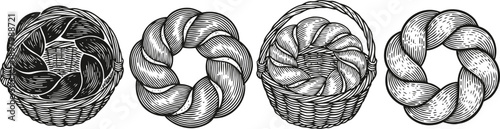 Hand drawn braided bread and woven baskets rustic bakery illustrations of round braided loaves and wicker baskets