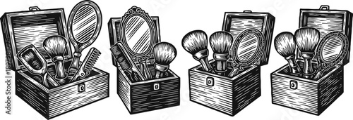 Vintage makeup brush sets with mirrors in wooden boxes, beauty tools collection illustration