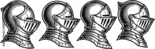 Medieval knight helmets side view set vintage armor head protection illustrations historical warrior elements