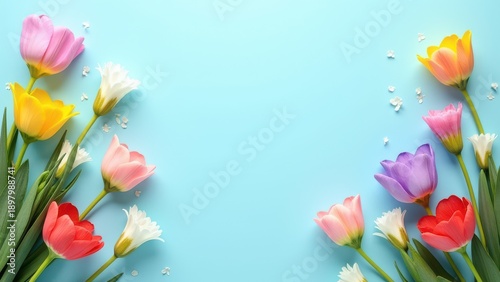8 march greeting card design with beautiful flowers on light blue background top view flat lay festive spring composition with open copy space for text 