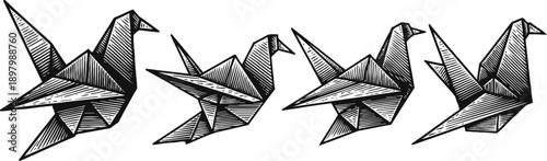 four black and white origami paper birds in different flying positions, line art drawing