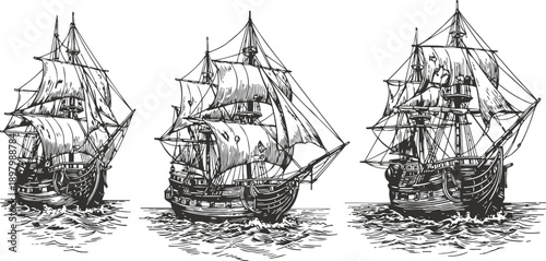 three vintage sailing ships with billowing sails on water classic tall ships drawn in detailed sketch