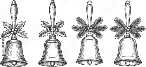 Vintage christmas bells collection with holly and pine decorations, seasonal holiday ornament illustrations
