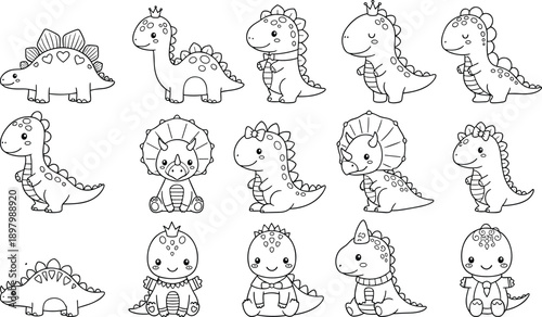 Cute dinosaur line art set, kawaii baby dino characters, cartoon prehistoric animals, kids coloring page black white vector illustration collection