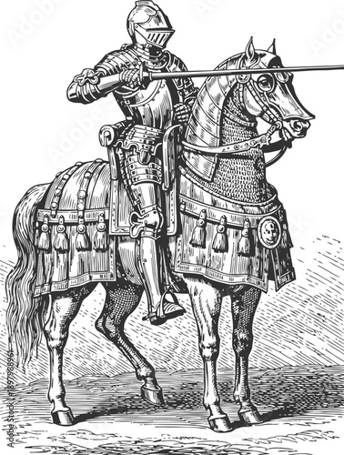 Medieval knight in full armor mounted on horse, holding lance ready for battle