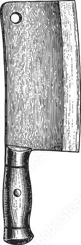 Vintage butcher cleaver with wooden handle in detailed engraved