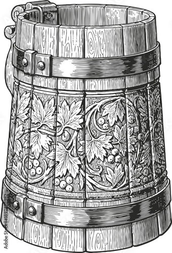 Ornate wooden tankard mug with grapevine carving and metal bands, vintage rustic drinkware design