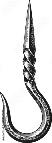vintage fishing hook illustration with detailed texture, curved sharp metal tool