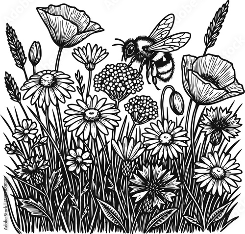 Bee collecting nectar on wildflowers in detailed garden meadow with various plants and grass