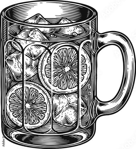 Glass mug with ice cubes and lemon slices refreshing cold beverage illustrated in vintage engraving