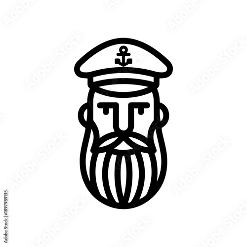 A minimalist black and white vector illustration of an old sea captain with a thick beard and a sailor's hat featuring an anchor. Clean line art on a white background.