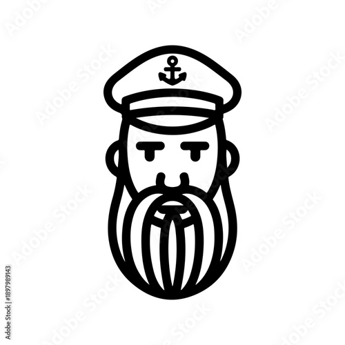 A minimalist black and white vector illustration of an old sea captain with a thick beard and a sailor's hat featuring an anchor. Clean line art on a white background.