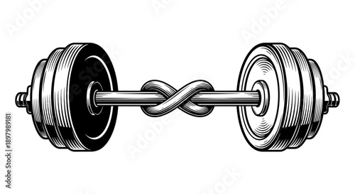 Vintage Barbell with Infinity Knot Engraving. Monochrome Fitness Illustration of Knotted Weight Bar Symbolizing Unbreakable Strength and Continuous Effort.