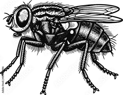 Close up detailed black and white illustration of a housefly with striped body and textured wings