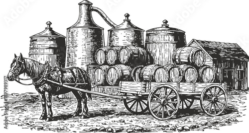 Horse drawn wagon carrying barrels near distillery with large storage tanks and rustic building
