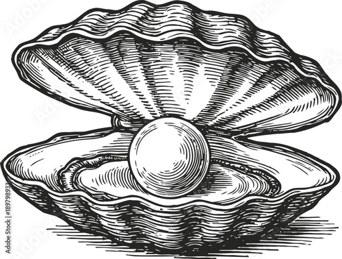 Open oyster shell with a pearl inside detailed vintage black and white engraving illustration of a marine mollusk and precious gem