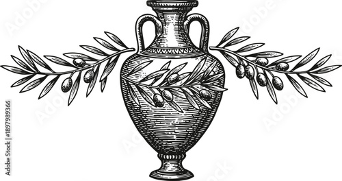 Ancient greek vase with olive branches detailed vintage engraving art design