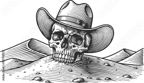 Cowboy skull half buried in desert sand with wide brimmed hat and barren landscape