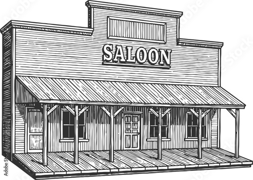 Old western saloon building with wooden porch and classic sign, vintage architectural design