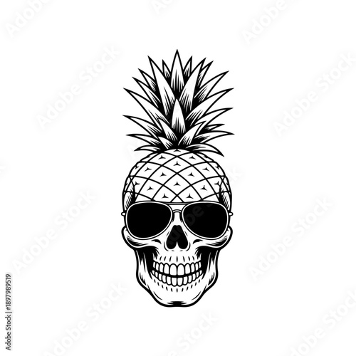 A creative black and white vector illustration of a human skull with a pineapple top and wearing aviator sunglasses. A cool, edgy, and modern high-contrast graphic.