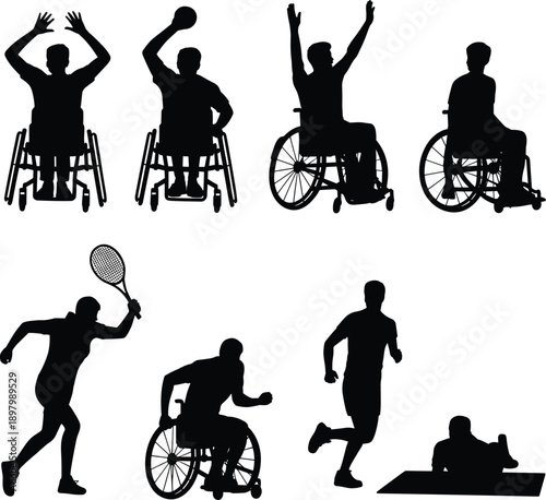 Disabled athletes silhouettes set showing wheelchair sports, basketball, tennis, running, rehabilitation exercise, inclusive fitness concept, flat vector illustration design collection