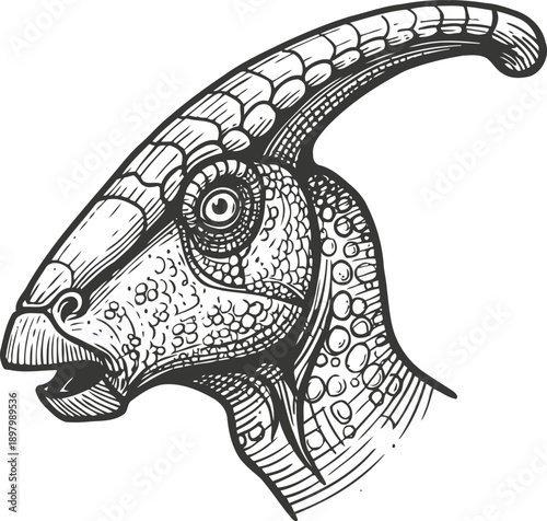 Detailed dinosaur head illustration showing parasaurolophus with crest and textured skin pattern