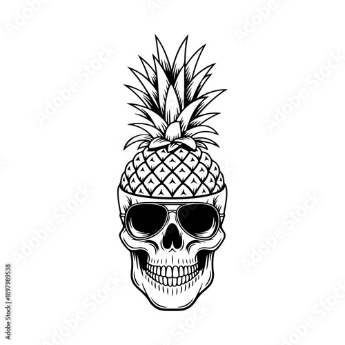 A creative black and white vector illustration of a human skull with a pineapple top and wearing aviator sunglasses. A cool, edgy, and modern high-contrast graphic.