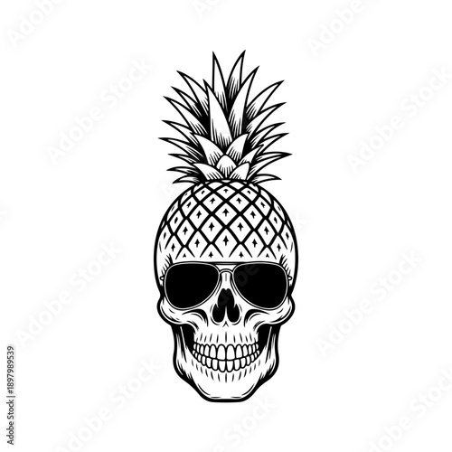 A creative black and white vector illustration of a human skull with a pineapple top and wearing aviator sunglasses. A cool, edgy, and modern high-contrast graphic.