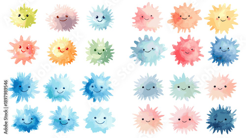 Cute colorful smiling virus and germ characters set with different expressions. Playful illustration for health education medical concepts and friendly design visuals.
