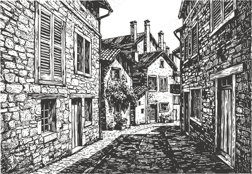 Old stone village street with cobblestone pavement and historic buildings black and white illustration