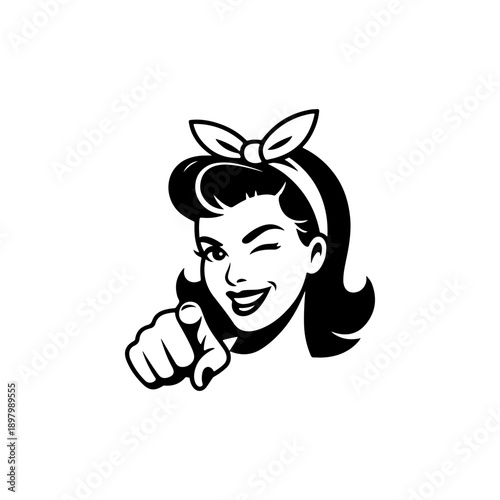 A classic black and white retro vector illustration of a beautiful winking woman with a hair bow, pointing at the viewer. Stylish vintage mid-century pop art style.