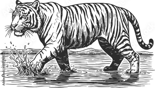 Tiger walking through the water splash black and white wild animal splash movement jungle wildlife illustration