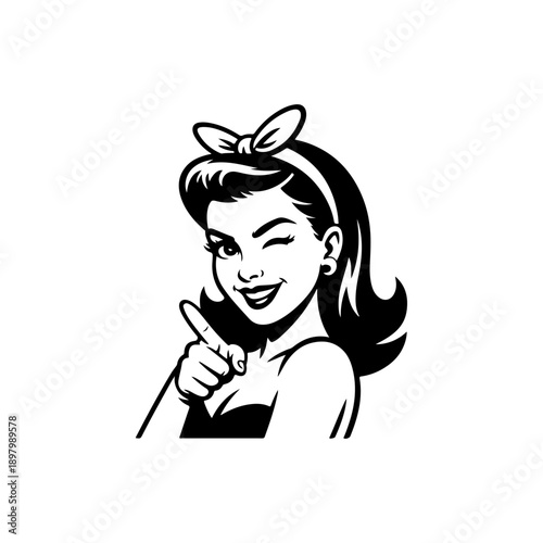 A classic black and white retro vector illustration of a beautiful winking woman with a hair bow, pointing at the viewer. Stylish vintage mid-century pop art style.