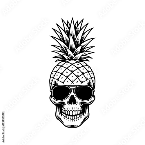 A creative black and white vector illustration of a human skull with a pineapple top and wearing aviator sunglasses. A cool, edgy, and modern high-contrast graphic.