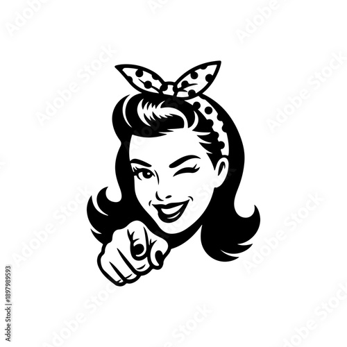A classic black and white retro vector illustration of a beautiful winking woman with a hair bow, pointing at the viewer. Stylish vintage mid-century pop art style.