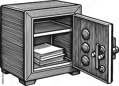 Open vintage safe with documents inside retro illustration of security box for valuables and important papers