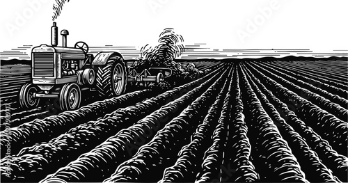 Vintage tractor plowing large agricultural field with furrows in black and white illustration