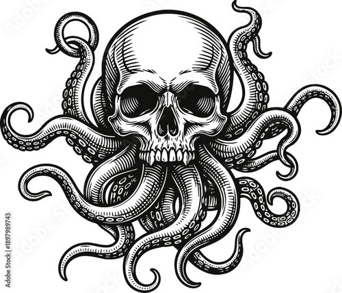 Skull with octopus tentacles illustration dark gothic design with detailed anatomy and sea creature elements