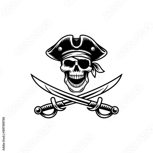A bold black and white vector illustration of a pirate skull wearing a tricorne hat and eye patch, positioned above crossed cutlass swords. A classic nautical emblem.