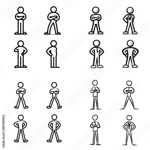 Stick figure standing confident poses with hands on hips showing attitude and posture. Hand drawn minimal illustration for character personality body language and design reference.