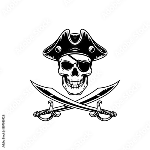 A bold black and white vector illustration of a pirate skull wearing a tricorne hat and eye patch, positioned above crossed cutlass swords. A classic nautical emblem.