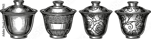 vintage ornate ceramic jars with lids traditional decorative pottery collection with intricate patterns and artistic design