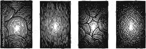 Abstract black and white woodcut texture patterns with radiant light effects