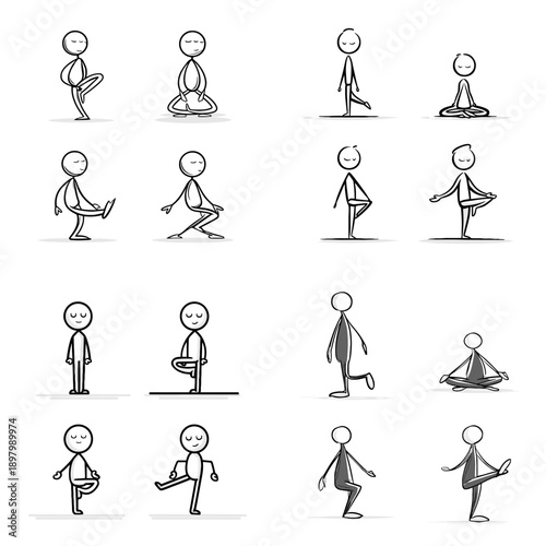 Stick figure meditation and balance poses showing calm focus and body control. Hand drawn simple illustration for mindfulness concepts posture study and character animation.