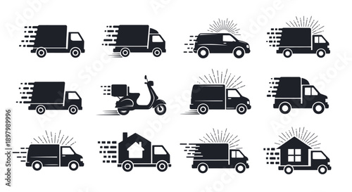Express Delivery Logistics Icons Set. Fast Shipping Vehicles Collection: Truck, Van, Scooter Silhouettes with Speed Lines for E-commerce and Home Services.