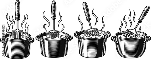 Set of vintage cooking pots with steaming hot food and forks stirring inside, retro kitchen illustration